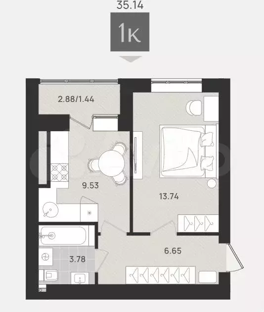 1-к. квартира, 35,1 м, 3/9 эт. - Фото 1