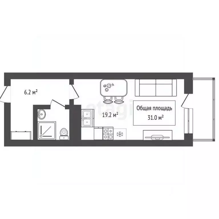 Студия Новосибирская область, Новосибирск Покатная ул., 130/1 (31.0 м) - Фото 2