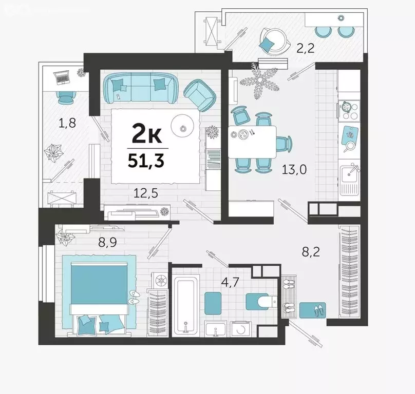 2-комнатная квартира: Краснодар, улица Автолюбителей, 1Г (51.3 м) - Фото 1