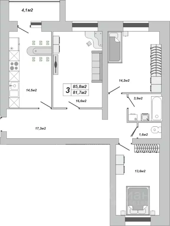 3-к кв. Тамбовская область, Тамбов ул. Чичерина, 7/1к3 (85.8 м) - Фото 0
