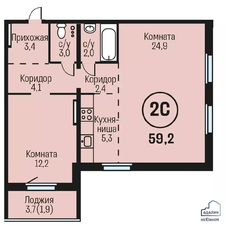 2-к кв. Алтайский край, Барнаул городской округ, Южный рп  (59.2 м) - Фото 0