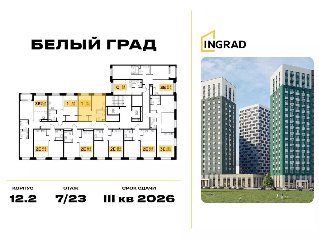 1-комнатная квартира: Мытищи, жилой комплекс Белый Grad, 12.2 (34 м) - Фото 1