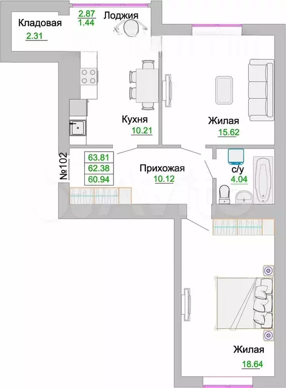 2-к. квартира, 62,4 м, 6/9 эт. - Фото 1