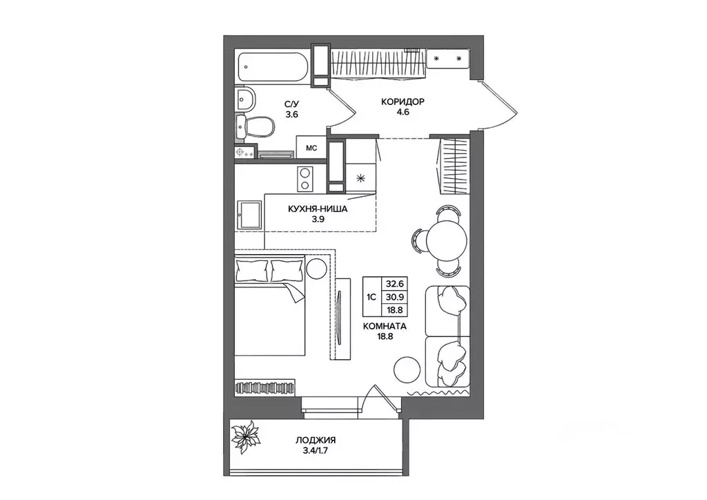 Студия Пермский край, д. Кондратово  (32.6 м) - Фото 1