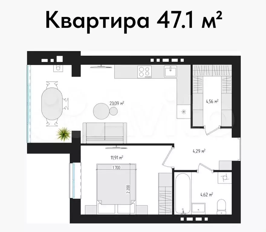 1-к. квартира, 47,1 м, 2/4 эт. - Фото 1