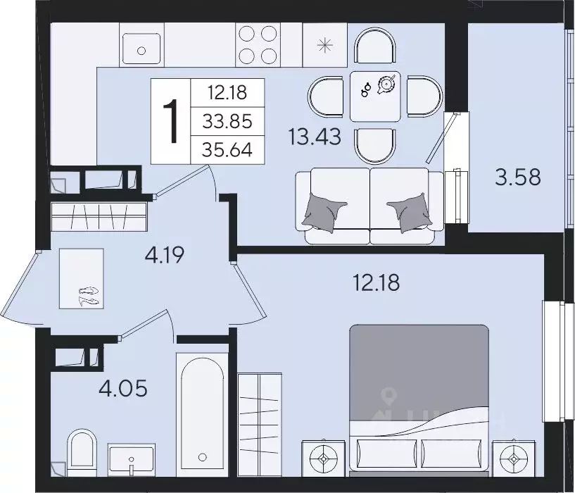 1-к кв. Краснодарский край, Краснодар  (35.64 м) - Фото 2