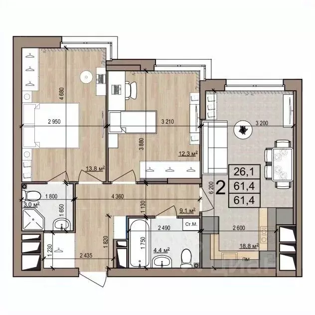 2-к кв. Рязанская область, Рязань ул. Новоселов, 33Б (61.4 м) - Фото 1