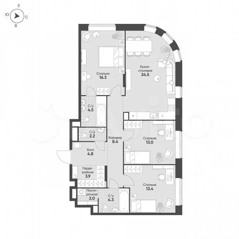 3-к. квартира, 97,3 м, 2/4 эт. - Фото 0