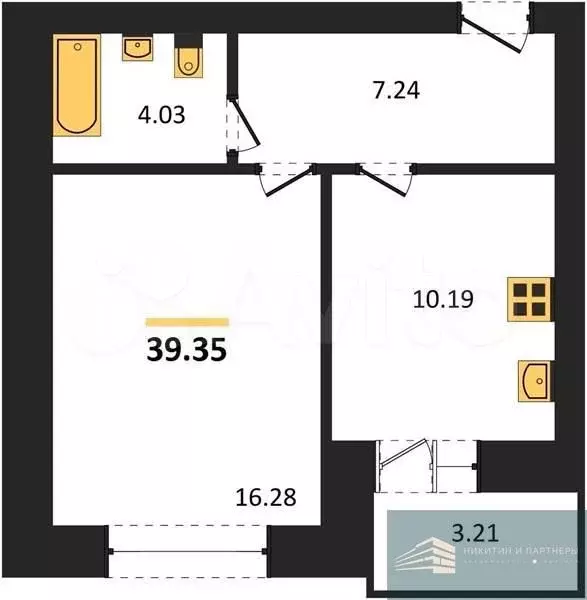 1-к. квартира, 39,4 м, 8/10 эт. - Фото 0