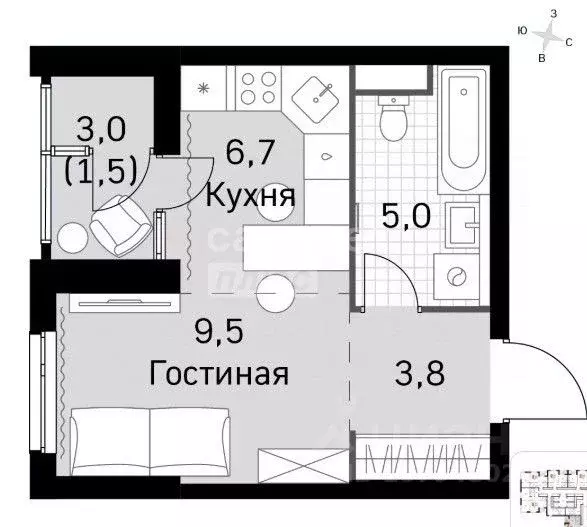 Студия Москва Скай Гарден жилой комплекс (26.5 м) - Фото 1