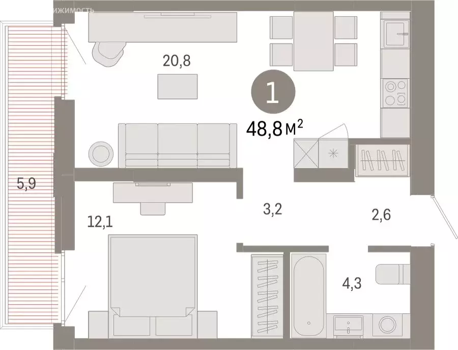 1-комнатная квартира: Тюмень, Ленинский округ (48.75 м) - Фото 1