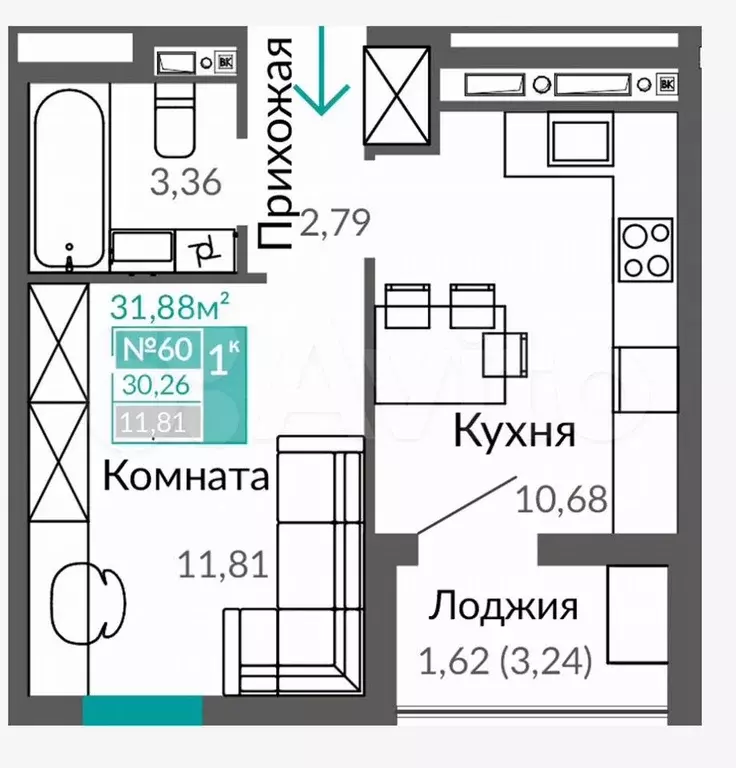 1-к. квартира, 31,9 м, 9/9 эт. - Фото 1