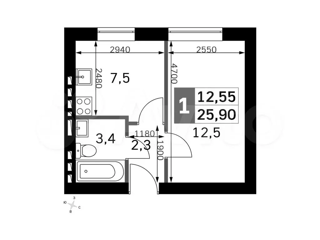 1-к. квартира, 25,9 м, 3/4 эт. - Фото 0