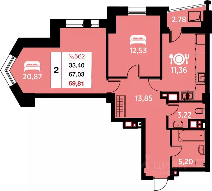 2-к кв. Калининградская область, Калининград ул. Гайдара, 94 (69.81 м) - Фото 0