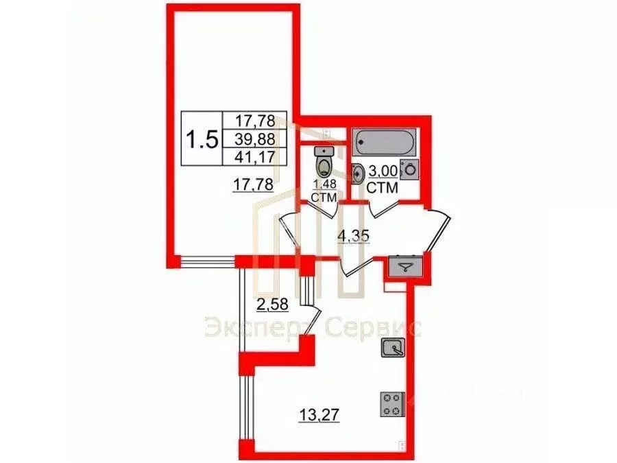 Квартира, 1 комната, 39.79 м - Фото 1