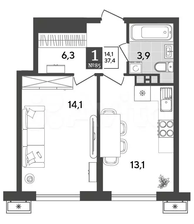 1-к. квартира, 37,4 м, 5/18 эт. - Фото 1