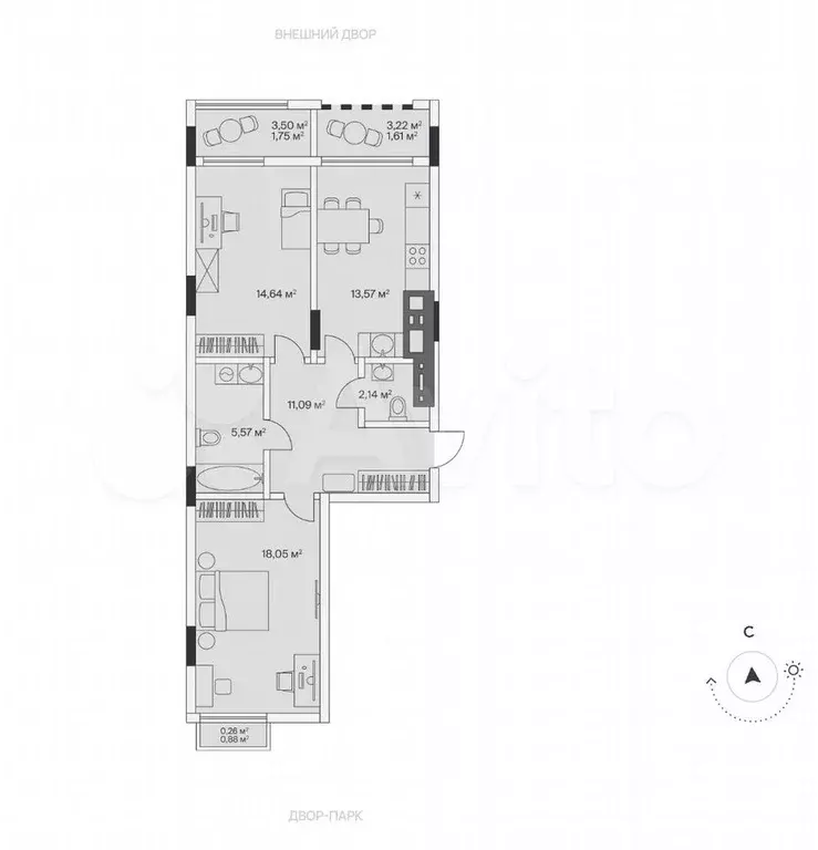 2-к. квартира, 68,7 м, 2/7 эт. - Фото 1