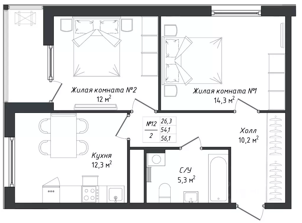 2-к кв. Калужская область, Калуга Комфорт Парк жилой комплекс (56.3 м) - Фото 2