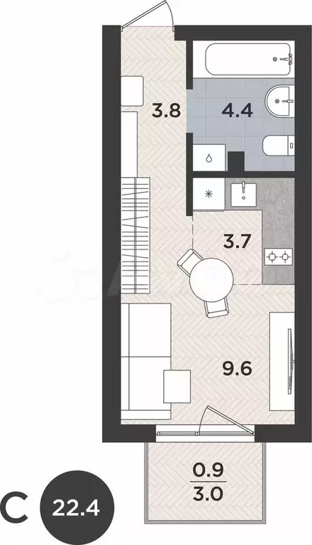 1-к. квартира, 22,4 м, 1/9 эт. - Фото 1