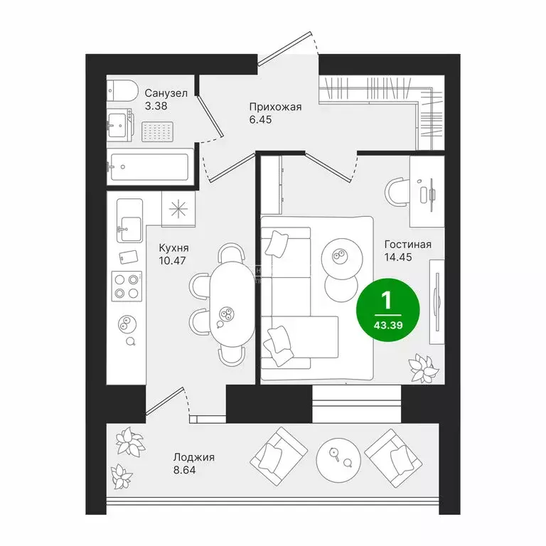 1-комнатная квартира: Йошкар-Ола, улица Павленко, 55 (43.39 м) - Фото 1