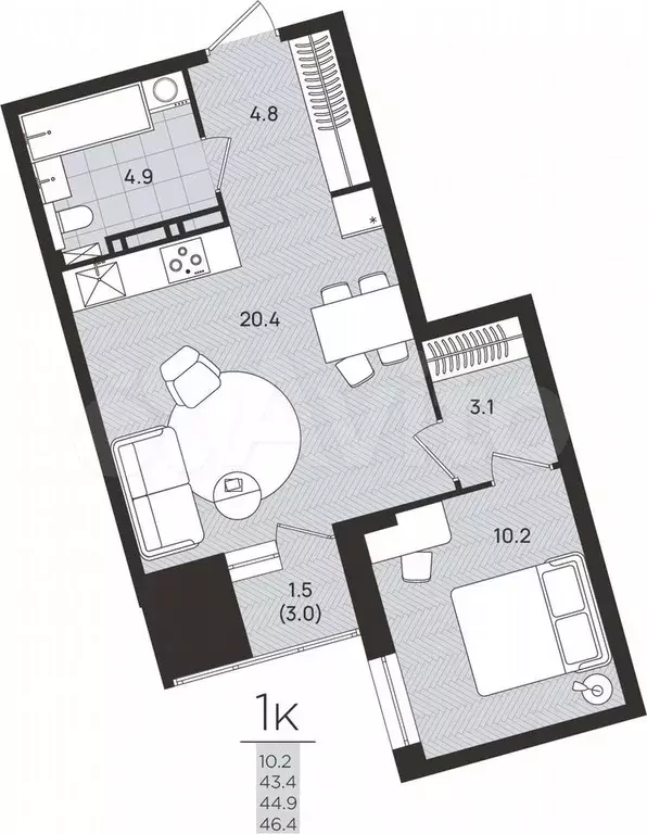 1-к. квартира, 44,9 м, 6/8 эт. - Фото 0