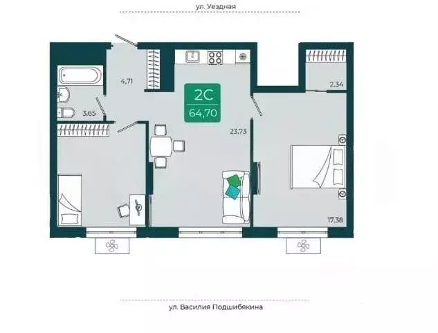 2-к кв. Тюменская область, Тюмень ул. Василия Подшибякина, 11 (63.2 м) - Фото 0