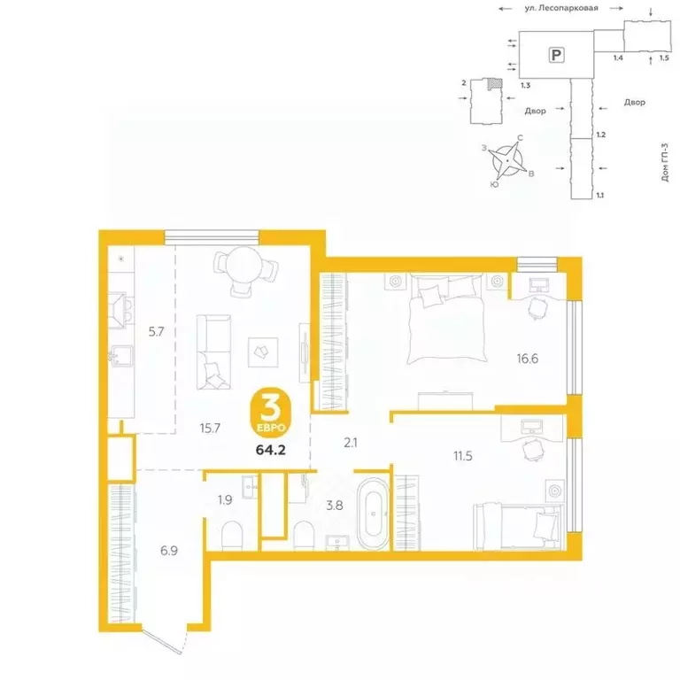 3-к кв. Тюменская область, Тюмень ул. Лесопарковая, 20 (64.2 м) - Фото 1