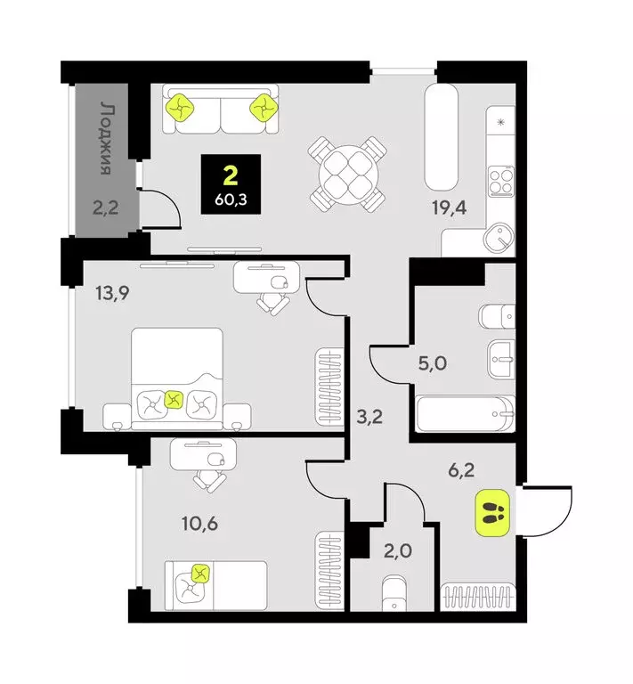 2-комнатная квартира: Тюмень, улица Разведчика Кузнецова, 9 (60.3 м) - Фото 1