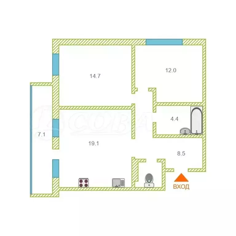 2-комнатная квартира: Тюмень, улица Андрея Бушуева, 2 (60 м) - Фото 1
