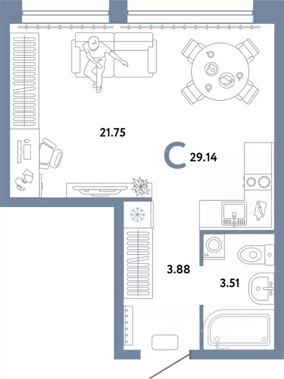 Студия Тюменская область, Тюмень ул. 50 лет Октября, 63к2 (29.14 м) - Фото 1