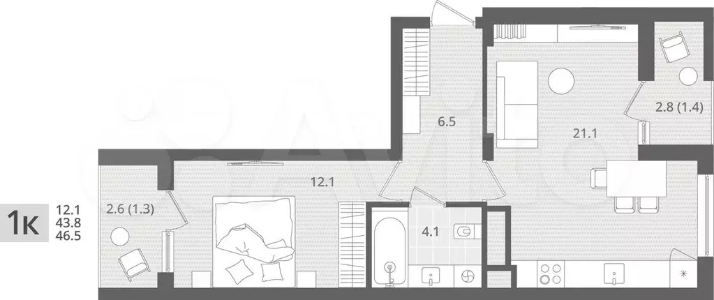 1-к. квартира, 46,5 м, 2/7 эт. - Фото 1