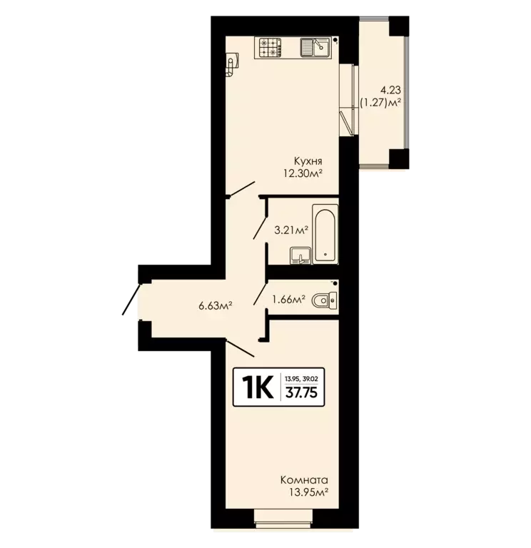 1-к квартира, 37.75 м - Фото 0