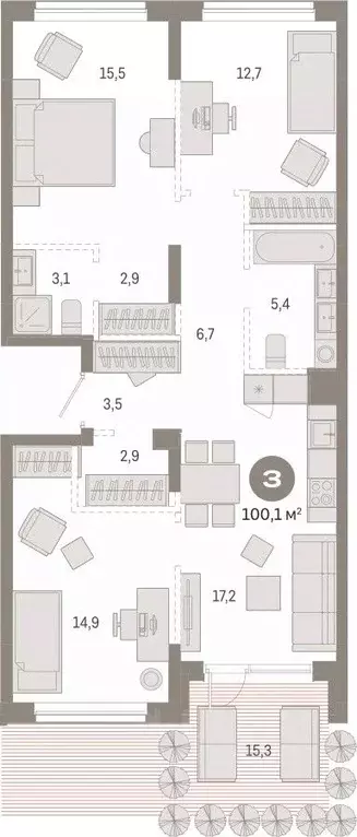 3-к кв. Тюменская область, Тюмень ул. Республики, 203к1 (100.13 м) - Фото 1