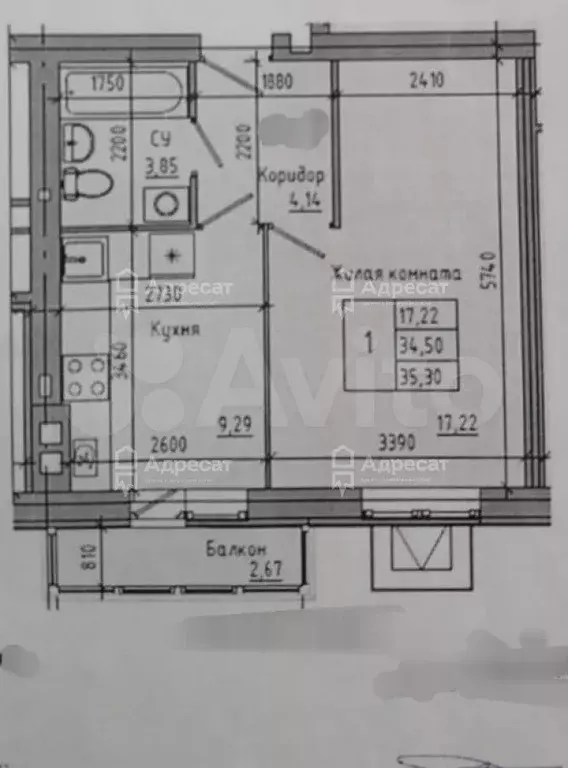 1-к. квартира, 34,6 м, 1/4 эт. - Фото 0