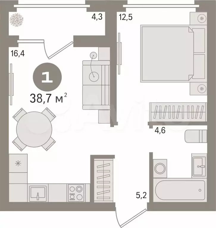 1-к. квартира, 38,7 м, 8/9 эт. - Фото 0