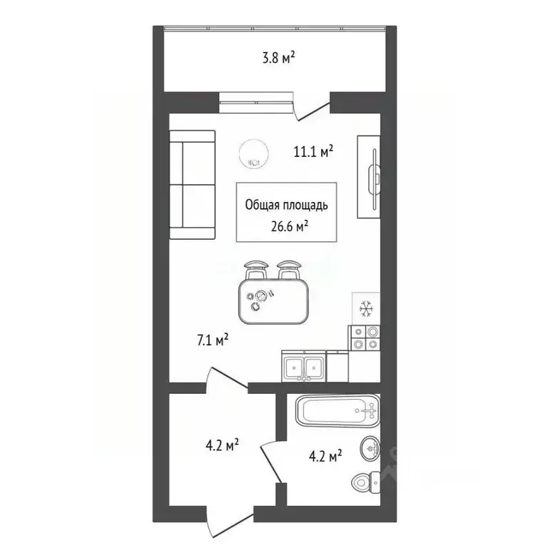 Студия Новосибирская область, Новосибирск Кубовая ул., 53/1 (26.6 м) - Фото 2