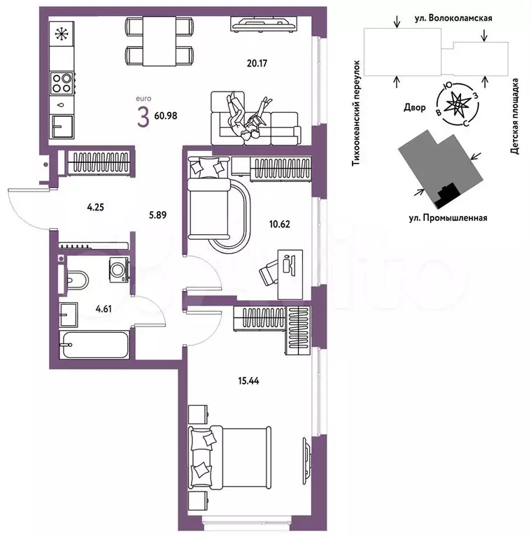 3-к. квартира, 61 м, 3/20 эт. - Фото 0