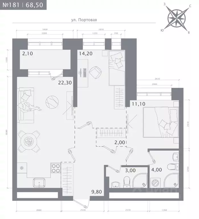 2-к кв. Татарстан, Казань 1712 жилой комплекс (68.5 м) - Фото 1
