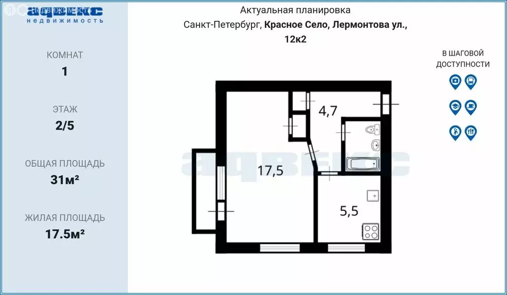 1-комнатная квартира: Красное Село, улица Лермонтова, 12к2 (31 м) - Фото 2