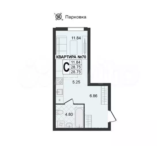 Квартира-студия, 28,8 м, 1/4 эт. - Фото 1