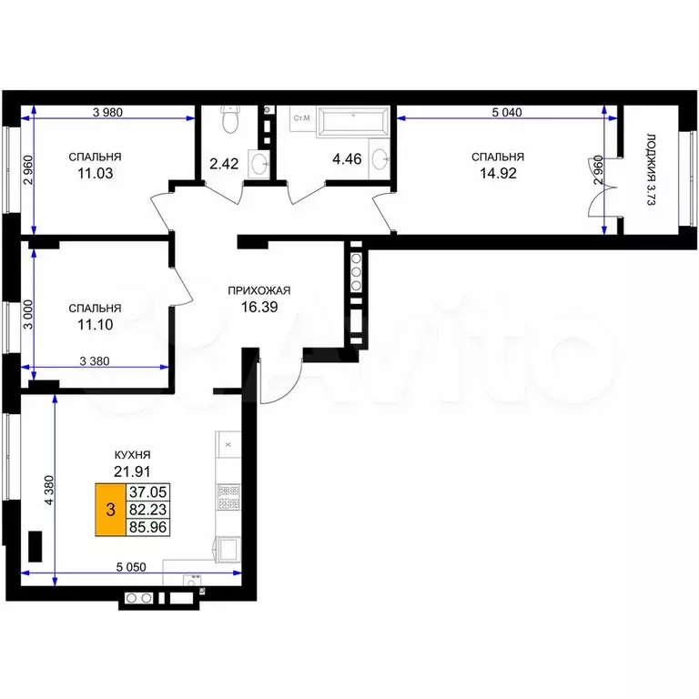 3-к. квартира, 86 м, 3/7 эт. - Фото 1