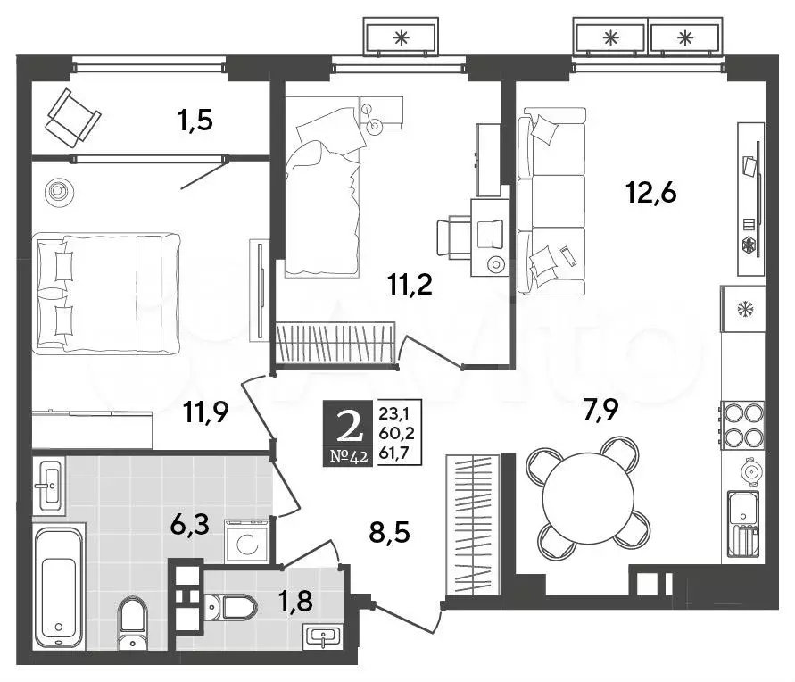 2-к. квартира, 61,7 м, 8/9 эт. - Фото 1