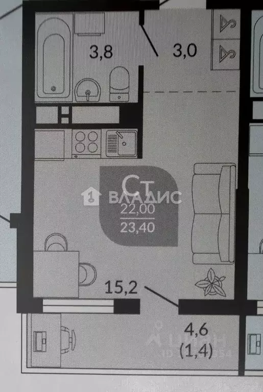 Студия Краснодарский край, Новороссийск ул. Куникова, 47Г (22.0 м) - Фото 1
