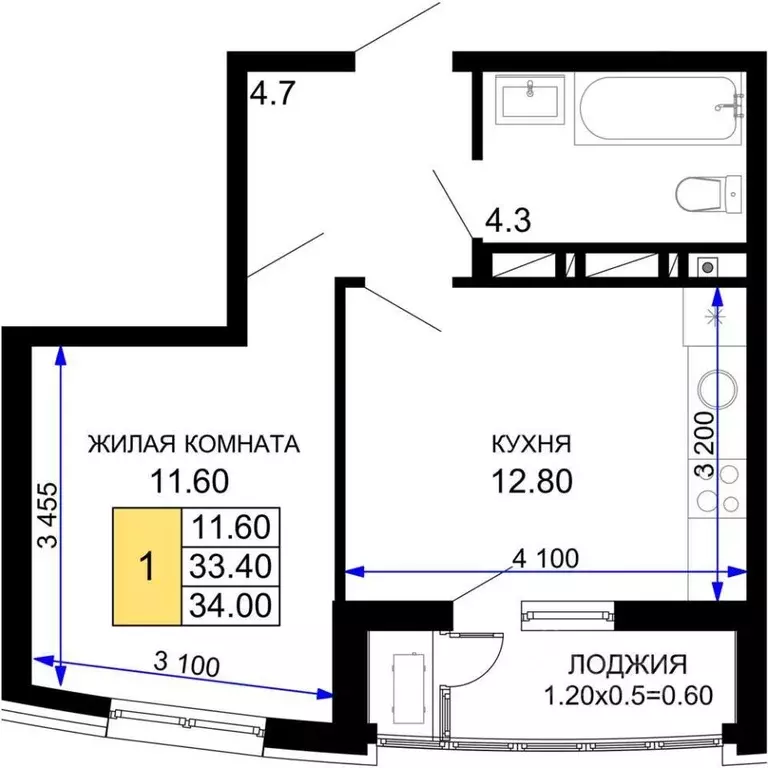 1-к кв. Краснодарский край, Краснодар Воронежская ул., 47/14 (34.0 м) - Фото 1