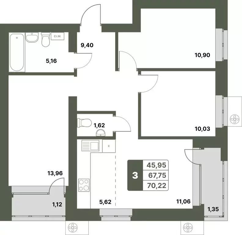 3-комнатная квартира: Уфимский район, село Миловка (70.22 м) - Фото 0