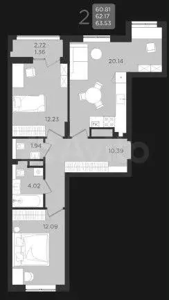 2-к. квартира, 62,2 м, 5/9 эт. - Фото 1