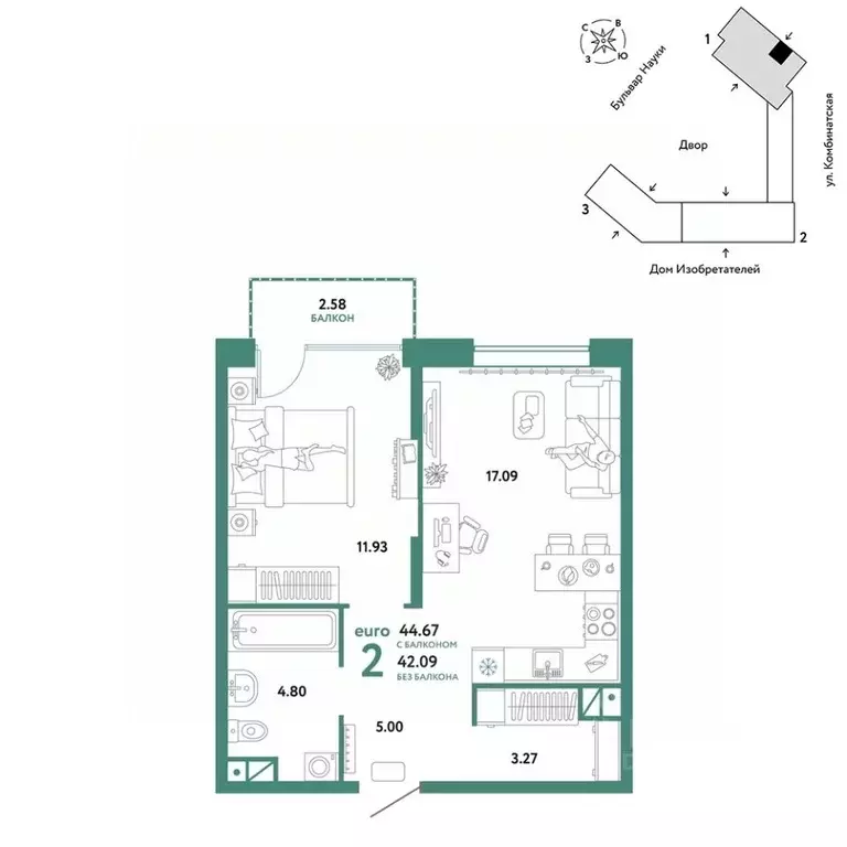 2-к кв. Тюменская область, Тюмень Комбинатская ул., 16к1 (44.67 м) - Фото 0