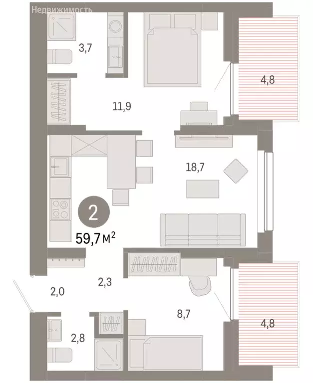 2-комнатная квартира: Новосибирск, квартал Лебедевский (59.7 м) - Фото 1