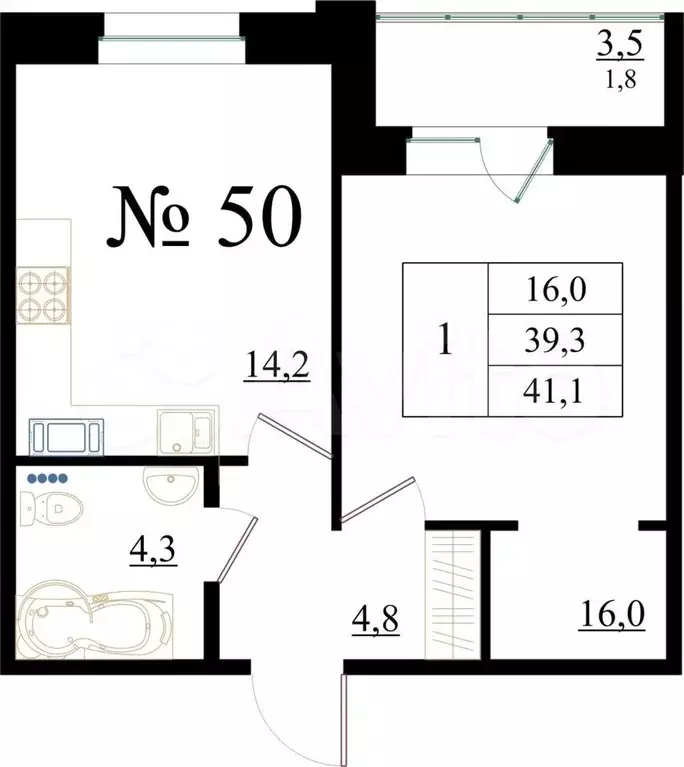 1-к. квартира, 41,1 м, 6/8 эт. - Фото 0