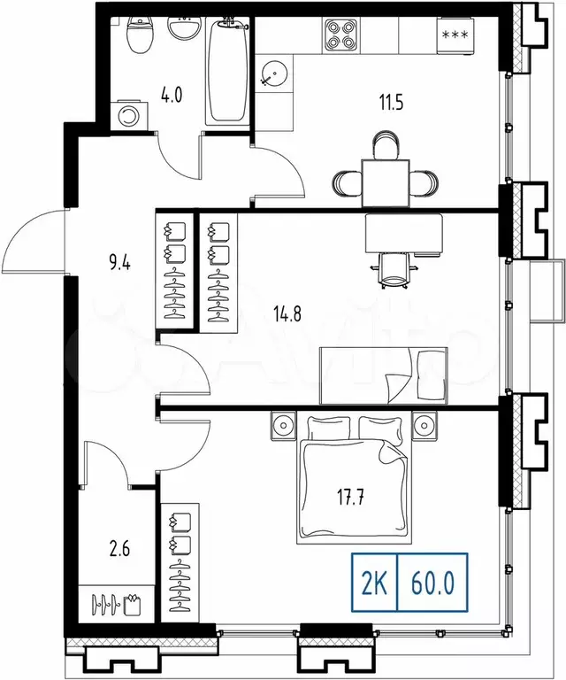 2-к. квартира, 60 м, 3/9 эт. - Фото 0